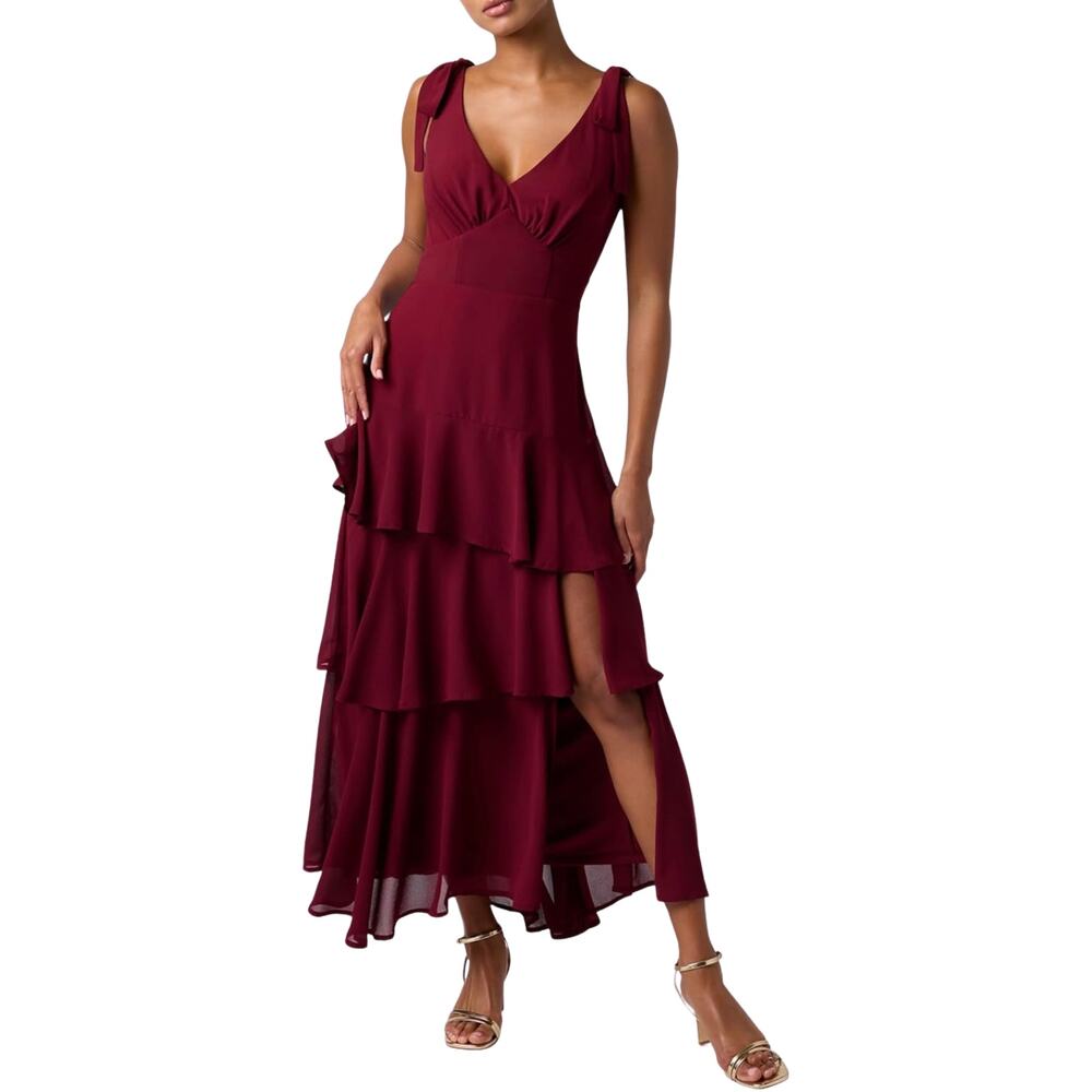 Lulus Arya Wine Burgundy Maxi Dress Tiered Ruffle Corset Bodice V Neck Small